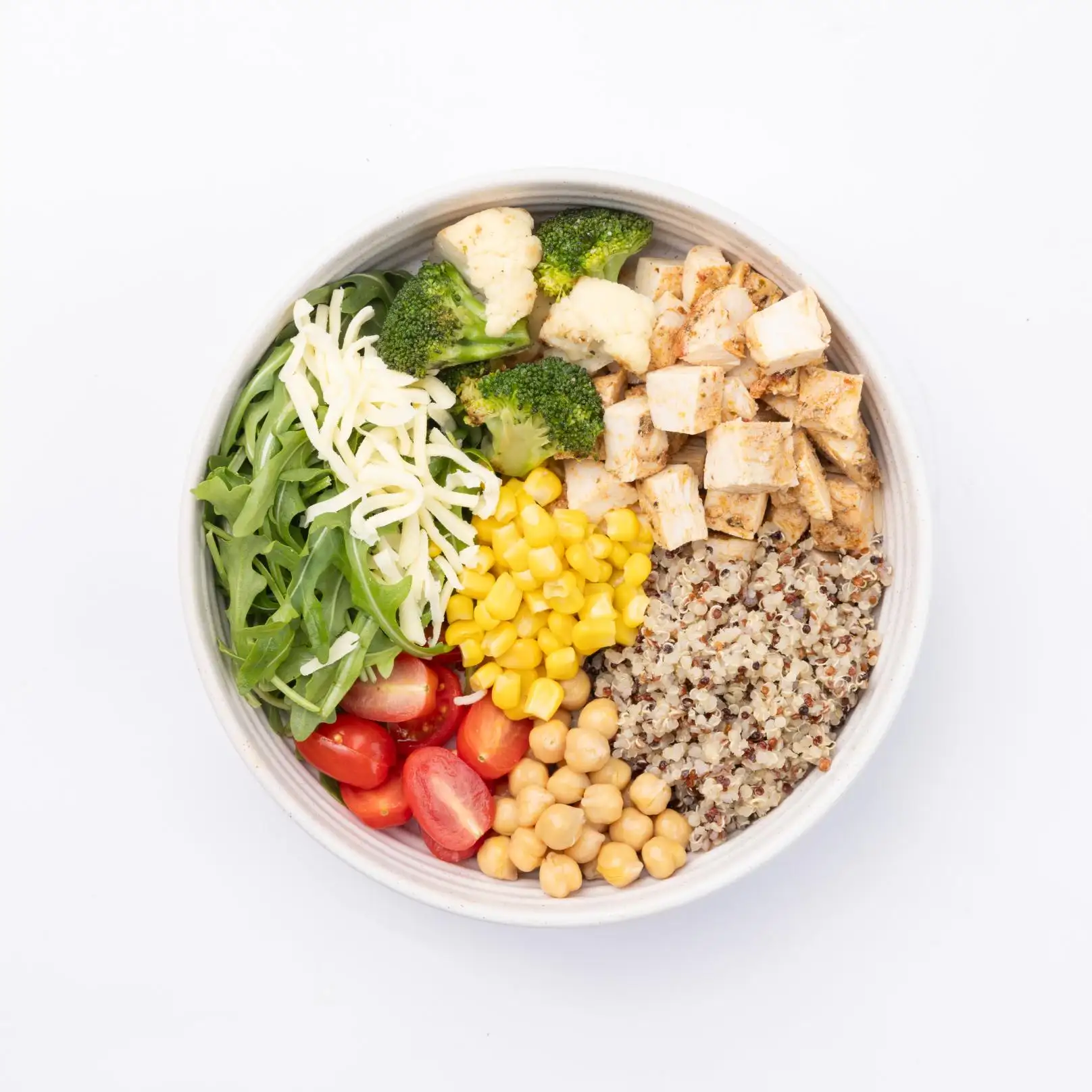 Quinoa Earth Bowl Arugula, quinoa, chicken, tomatoes, corn, chickpeas, broccoli, white cheddar, pesto dressing