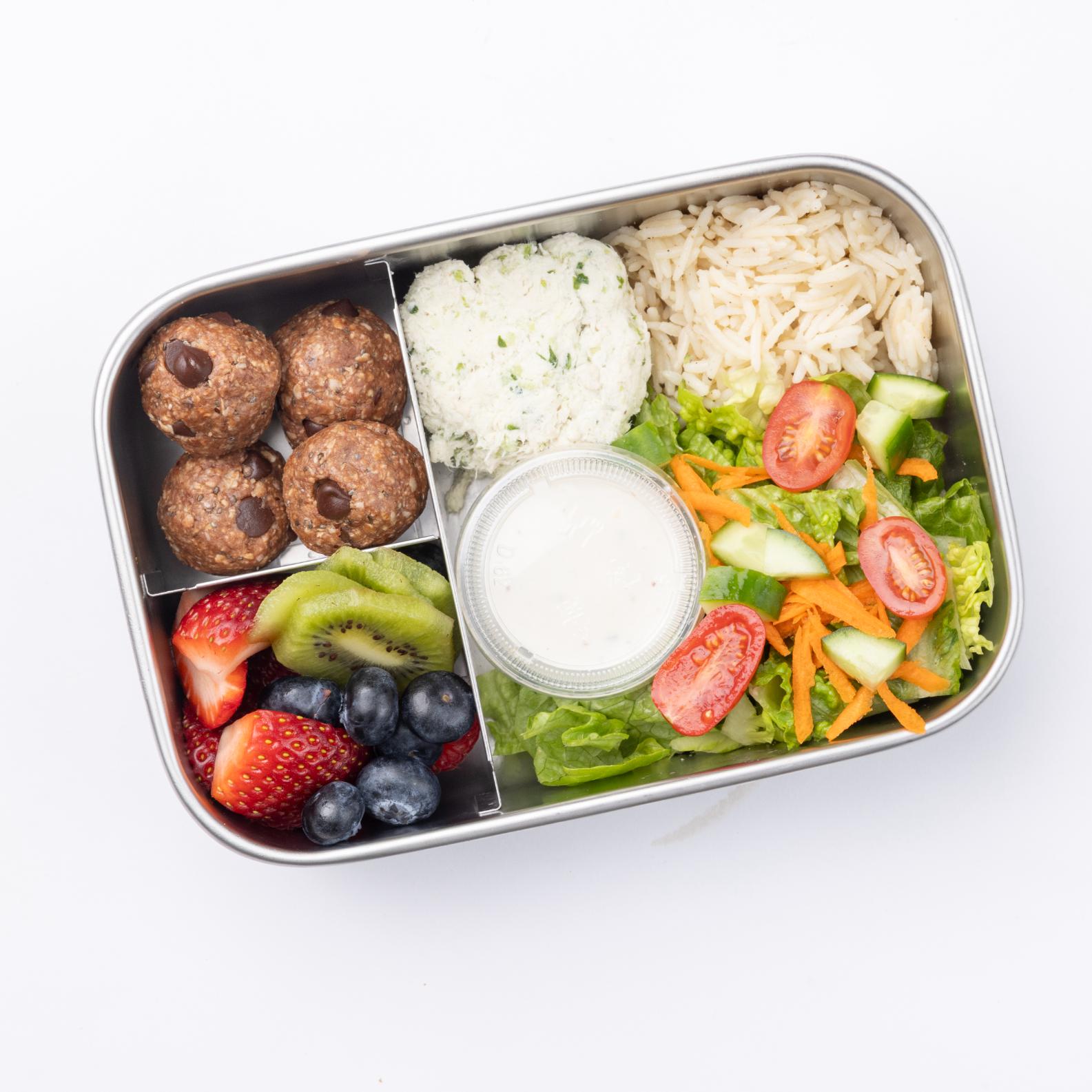 On The Move Box Choice of 4oz grilled chicken, chicken salad, tuna salad or egg salad with 2 veggies. Served with choice of 1 fruit, 1 veggie and 2 chocolate protein balls