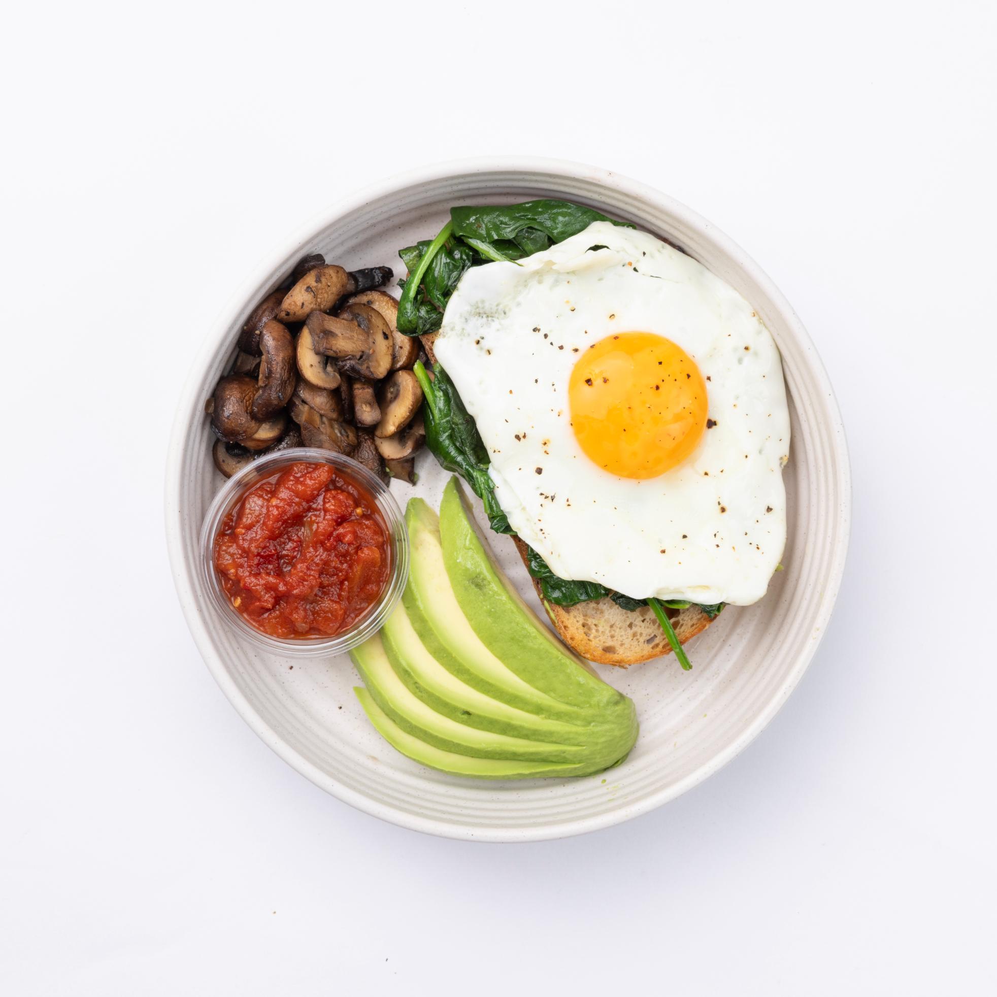 The Green Sautéed spinach, Mushrooms, Egg, Avocado, Sourdough Bread, Roasted salsa in the side