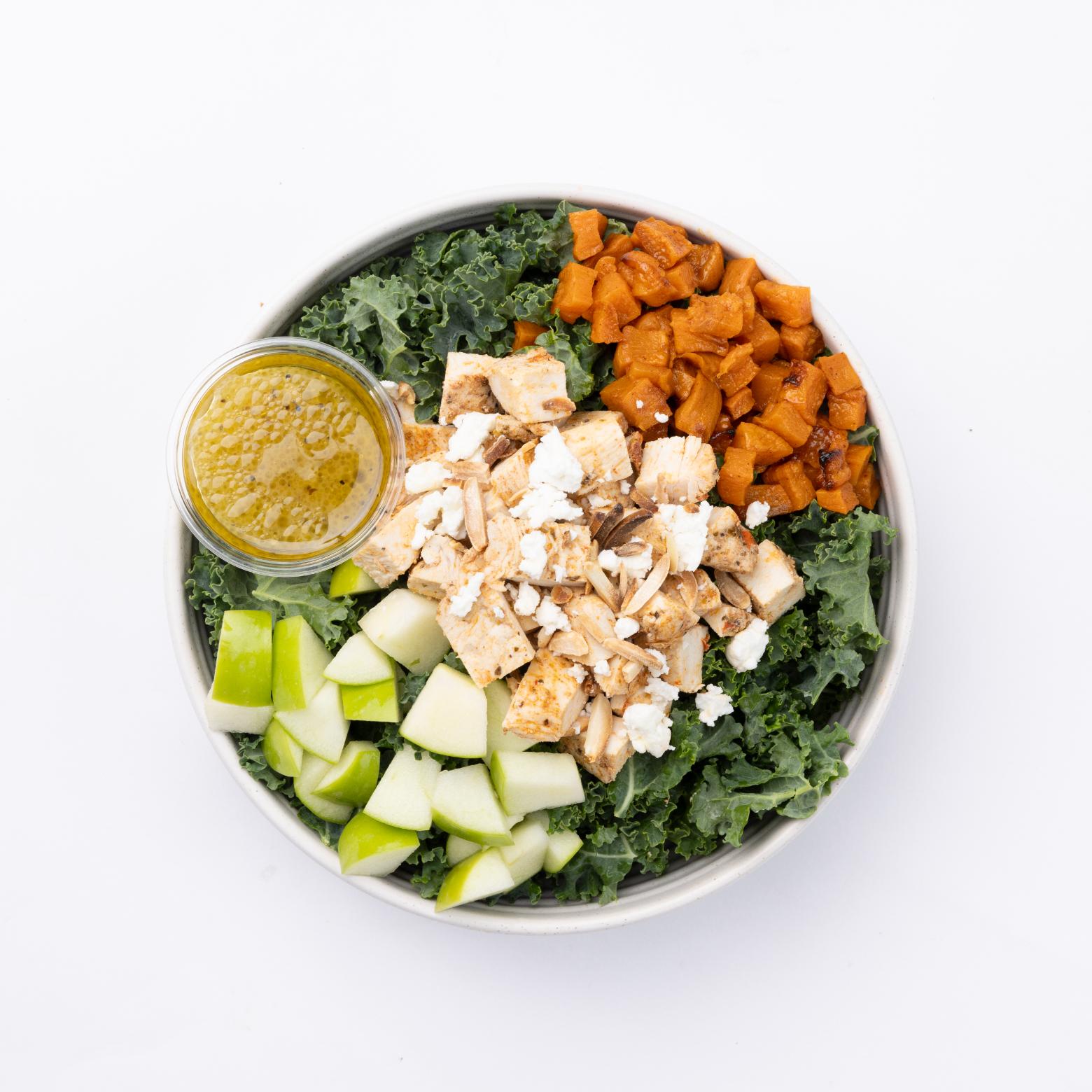 Kale Chicken Sweet Potato Kale, sweet potato, chicken, almonds, green apple, goat cheese, champagne vinaigrette